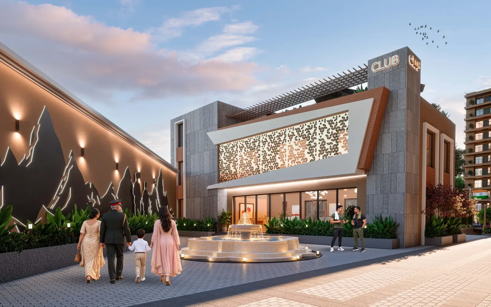 The clubhouse: a stone and jali front with its own fountain court