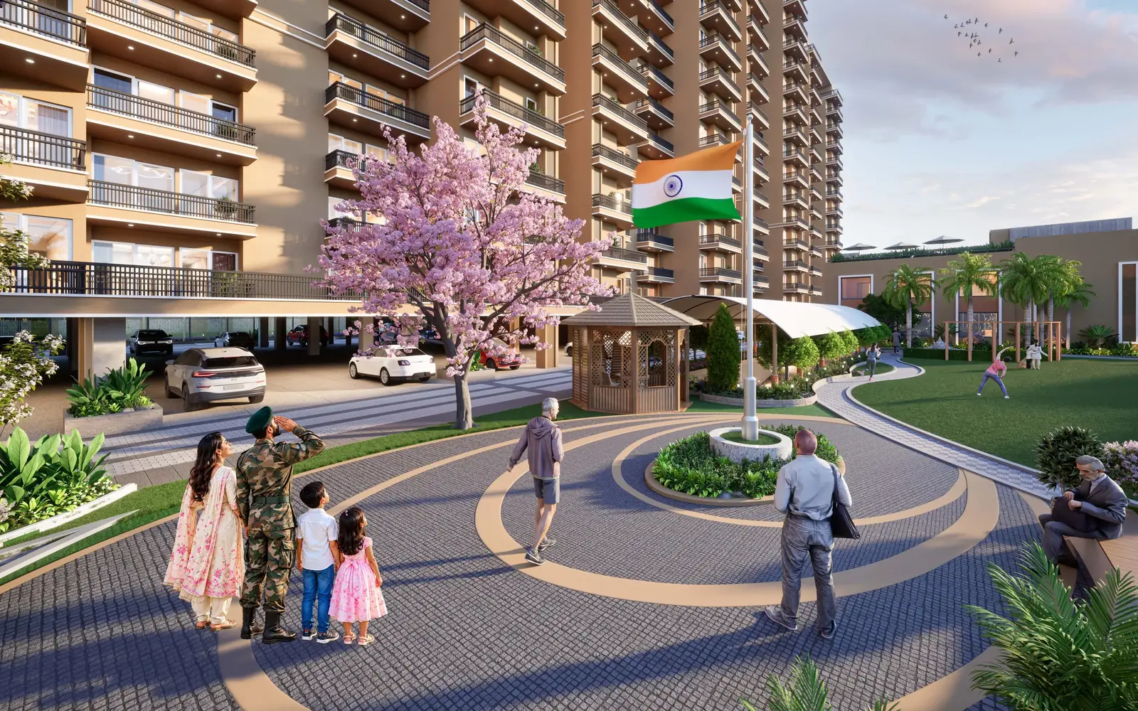 The flag plaza: an officer and his family under the tricolour