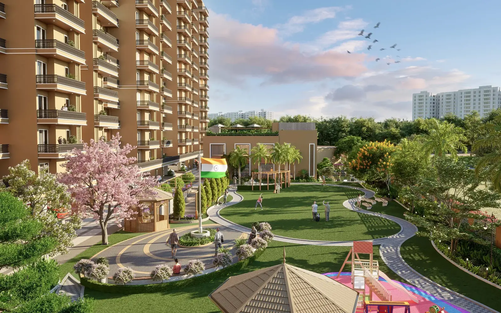 Central lawns, play area and garden walks