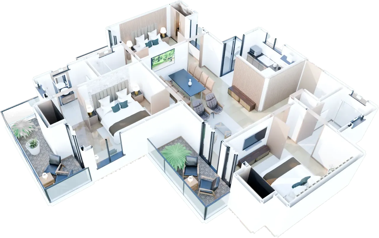 Cutaway of the 3 BHK, furnished