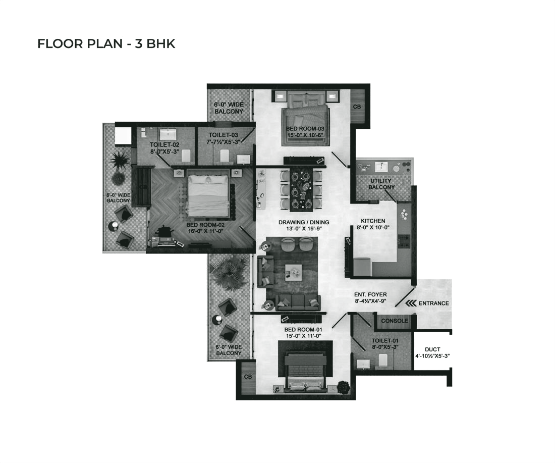 Floor plan of the 3 BHK